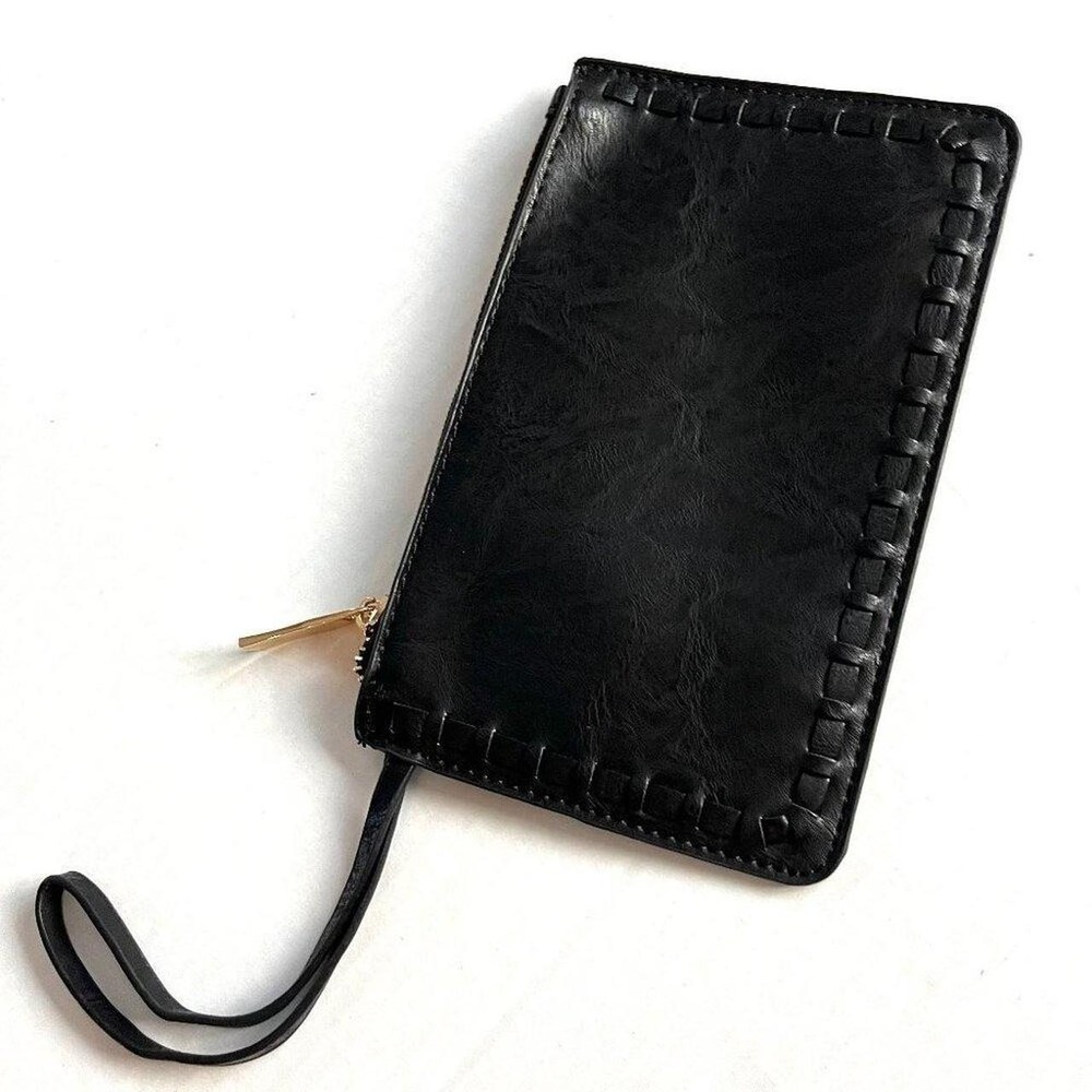 Small Black Onyx Golden Zipped Leather Card Wallet Wristlet Bag